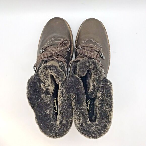Clarks Glick Clarmont Khaki Ankle Boots Women's 8M Brown Fur Trim Lace Up Shoe - Picture 6 of 10